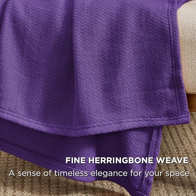 Bedsure 100% Cotton Large Throw Blanket for Couch 50x70 inches - Breathable and Lightweight, Soft Cozy Herringbone Woven Blanket for Summer Spring, Purple