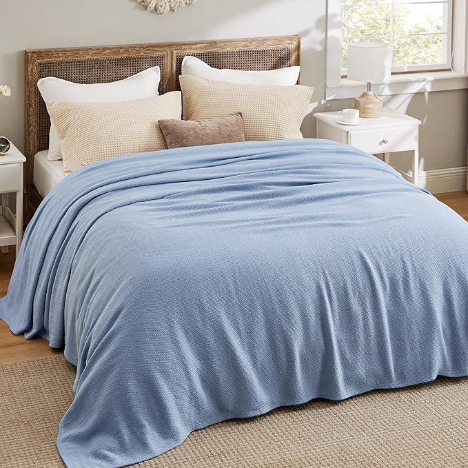 Bedsure 100% Cotton Blanket Queen Size for Bed - Breathable and Lightweight, Soft Cozy Textured Herringbone Woven Blanket for Summer Spring, Ashley Blue, 90x90 inches