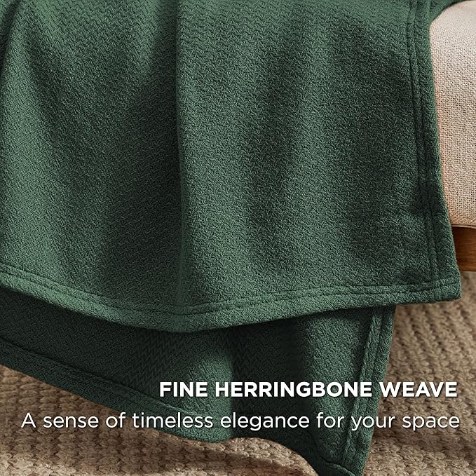 Bedsure 100% Cotton Large Throw Blanket for Couch 50x70 inches - Breathable and Lightweight, Soft Cozy Herringbone Woven Blanket for Summer Spring, Dark Green
