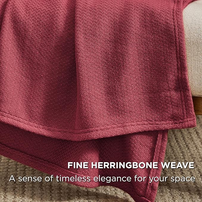 Bedsure 100% Cotton Blanket Twin XL Size for Bed - Breathable and Lightweight, Soft Cozy Textured Herringbone Woven Blanket for Summer Spring, Dark Red, 66x90 inches