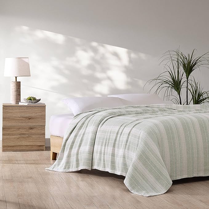 Tommy Bahama- King Blanket, Soft Cotton Bedding, Coastal Inspired Bedding Essentials (Sandy Shore Stripe Green, King)