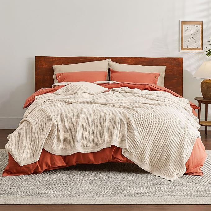 Bedsure 100% Cotton Blanket King Size for Bed - Breathable and Soft, Waffle Weave Blanket for Summer Spring, Beige, 104x90 inches