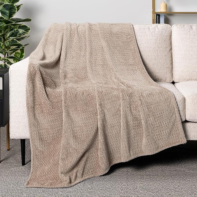 PAVILIA Soft Fleece Taupe Tan Throw Blanket for Couch, Lightweight Plush Warm Blankets for Bed, Fuzzy Cozy Flannel Blanket Throw for Sofa, Travel, Jacquard Pattern, Taupe/Camel, Twin, 60x80 inch