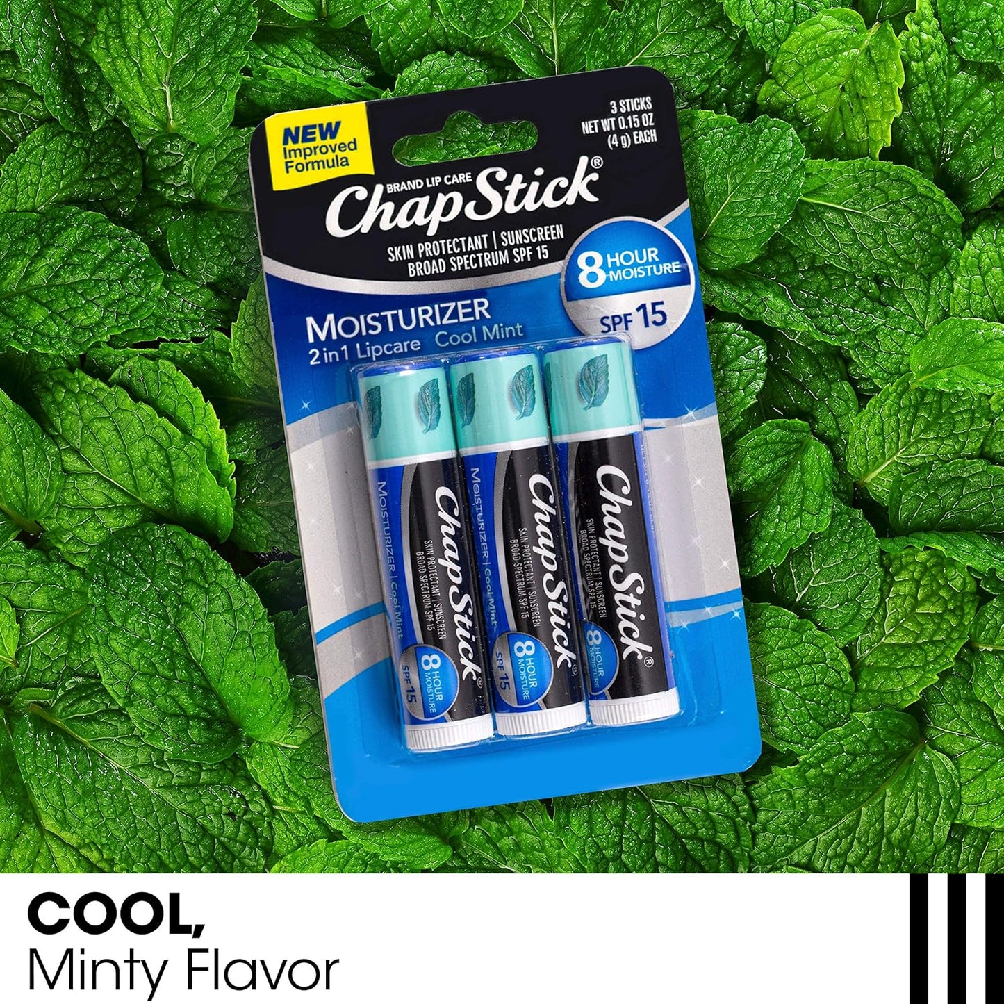 ChapStick Moisturizer 2-in-1 Lipcare SPF 15, Cool Mint, 3-Pack – Sunscreen Lip Balm with Aloe Vera and Vitamin E, 0.15 Ea