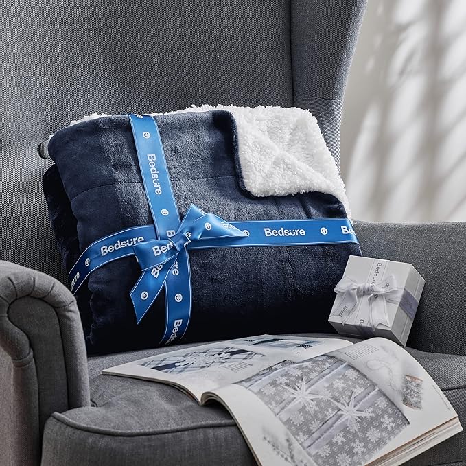 Bedsure Sherpa Fleece Throw Blanket Twin Size for Couch - Thick and Warm, Soft Fuzzy Plush Twin Blanket for Winter, Navy, 60x80 Inches