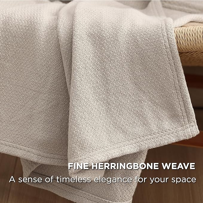 Bedsure 100% Cotton Blanket Twin XL Size for Bed - Breathable and Lightweight, Soft Cozy Textured Herringbone Woven Blanket for Summer Spring, Linen Beige, 66x90 inches