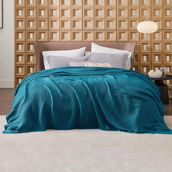 Bedsure 100% Cotton Blanket King Size for Bed - Breathable and Soft, Waffle Weave Blanket for Summer Spring, Teal, 104x90 inches
