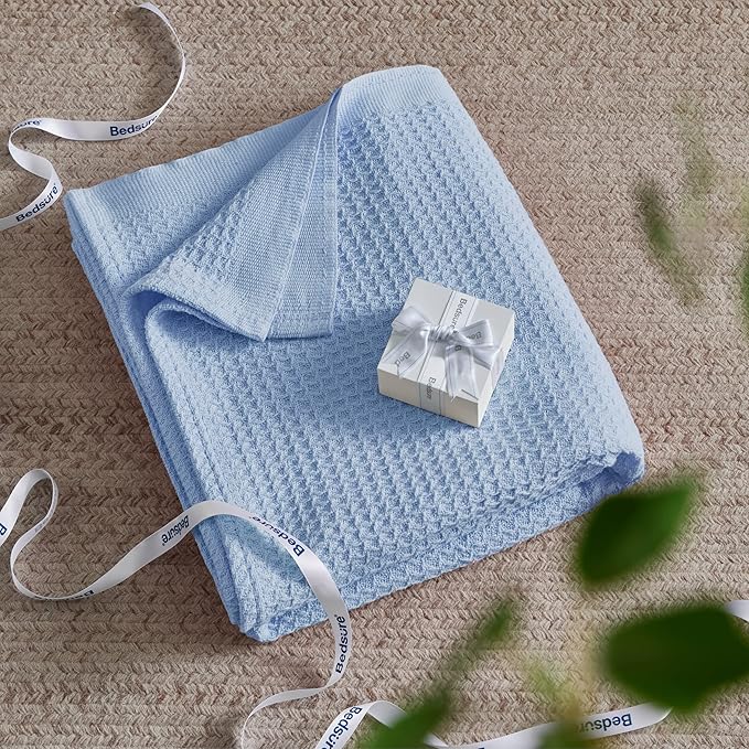 Bedsure 100% Cotton Blanket King Size for Bed - Breathable and Soft, Waffle Weave Blanket for Summer Spring, Sky Blue, 104x90 inches