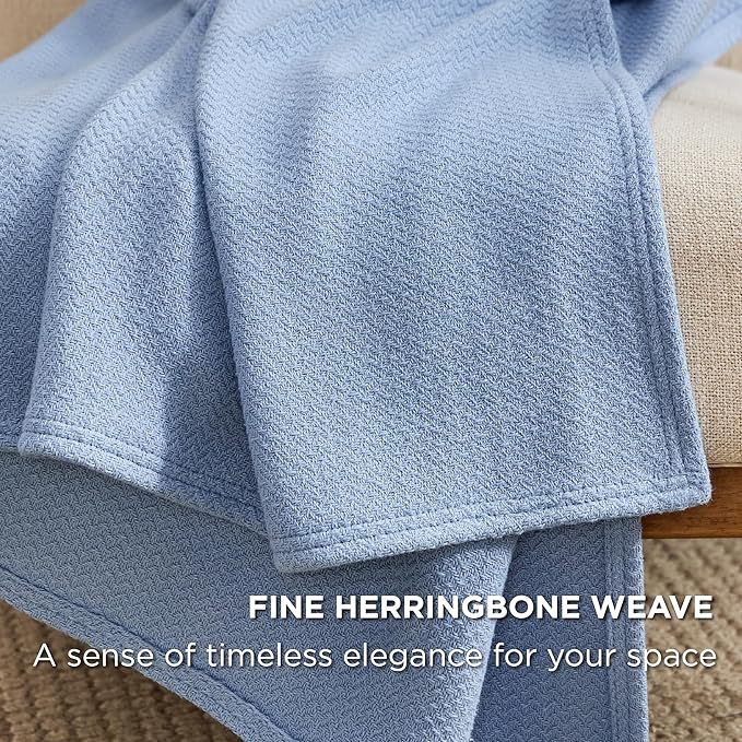 Bedsure 100% Cotton Blanket Queen Size for Bed - Breathable and Lightweight, Soft Cozy Textured Herringbone Woven Blanket for Summer Spring, Ashley Blue, 90x90 inches