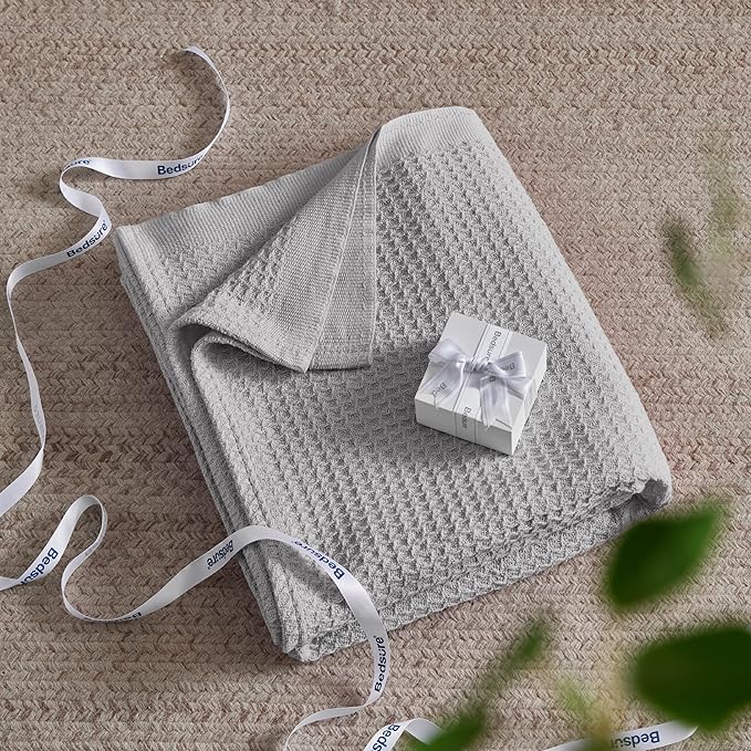 Bedsure 100% Cotton Blanket Twin XL Size for Bed - Breathable and Soft, Waffle Weave Blanket for Summer Spring, Grey, 66x90 inches