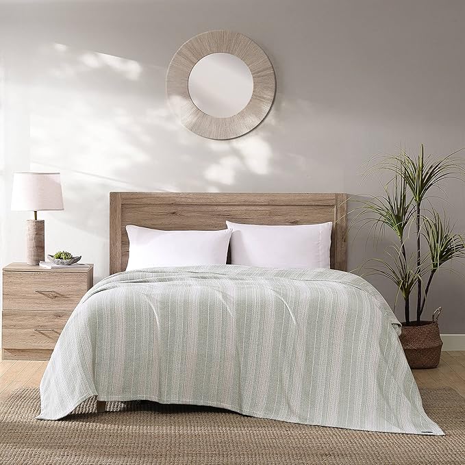 Tommy Bahama- King Blanket, Soft Cotton Bedding, Coastal Inspired Bedding Essentials (Sandy Shore Stripe Green, King)