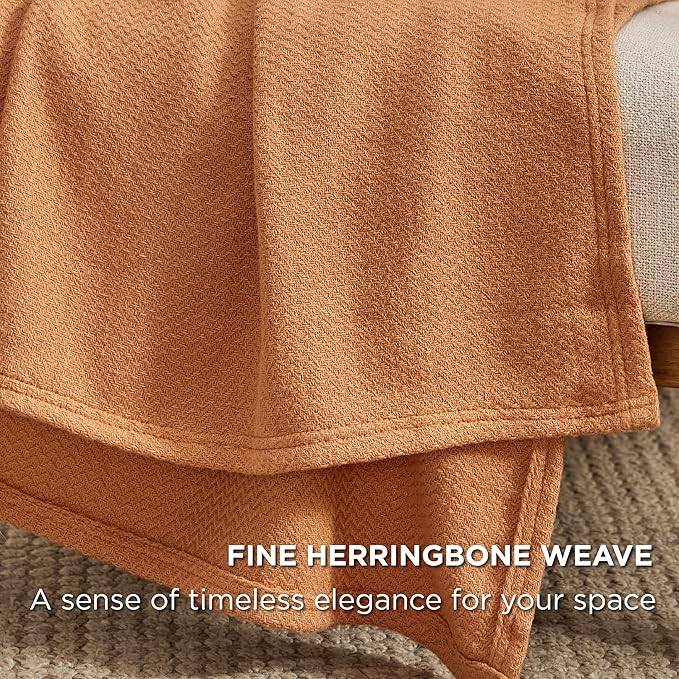 Bedsure 100% Cotton Large Throw Blanket for Couch 50x70 inches - Breathable and Lightweight, Soft Cozy Herringbone Woven Blanket for Summer Spring, Burnt Orange