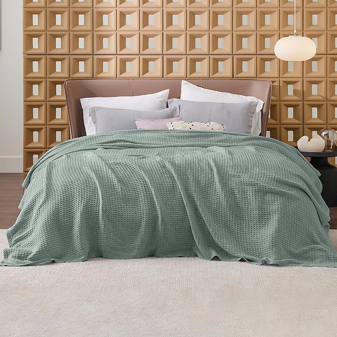 Bedsure 100% Cotton Blanket Queen Size for Bed - Breathable and Soft, Waffle Weave Blanket for Summer Spring, Sage Green, 90x90 Inches