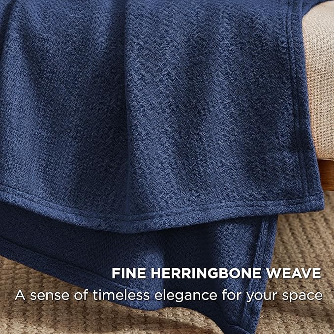 Bedsure 100% Cotton Blanket Queen Size for Bed - Breathable and Lightweight, Soft Cozy Textured Herringbone Woven Blanket for Summer Spring, Navy Blue, 90x90 inches