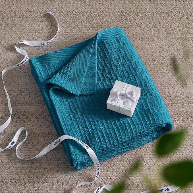 Bedsure 100% Cotton Blanket King Size for Bed - Breathable and Soft, Waffle Weave Blanket for Summer Spring, Teal, 104x90 inches
