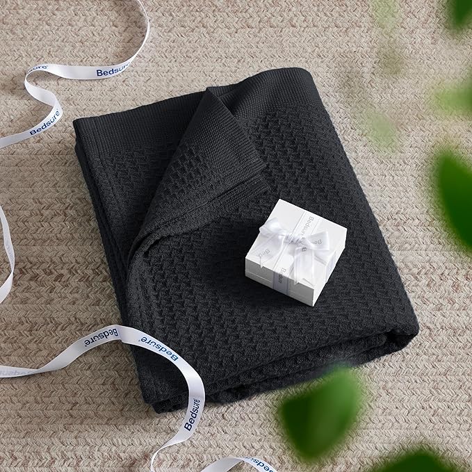 Bedsure 100% Cotton Blanket King Size for Bed - Breathable and Soft, Waffle Weave Blanket for Summer Spring, Black, 104x90 inches