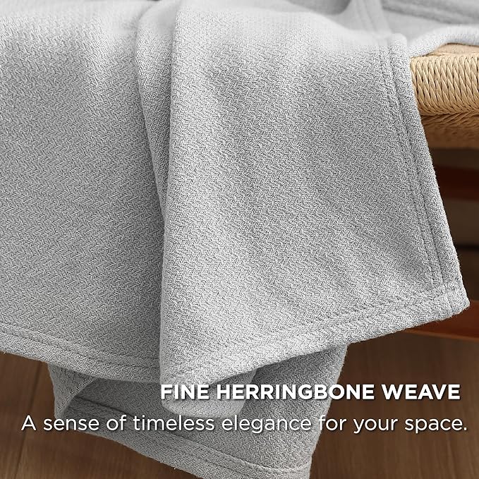 Bedsure 100% Cotton Blanket King Size for Bed - Breathable and Lightweight, Soft Cozy Textured Herringbone Woven Blanket for Summer Spring, Grey, 108x90 inches