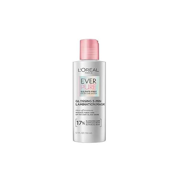 L'Oreal Paris Glossing Lamination Hair Mask with Glycolic Acid, Treatment for Lasting Shine and Smoothness Dull, Dry Hair, EverPure, 5.1 Fl Oz