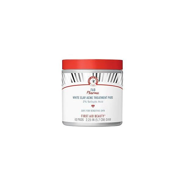 First Aid Beauty - FAB Pharma White Clay Acne Treatment Pads with 2% Salicylic Acid, Daily Compostable Exfoliating for Breakouts, Whiteheads, Blackheads and Acne, Safe Sensitive Skin, 60 ct