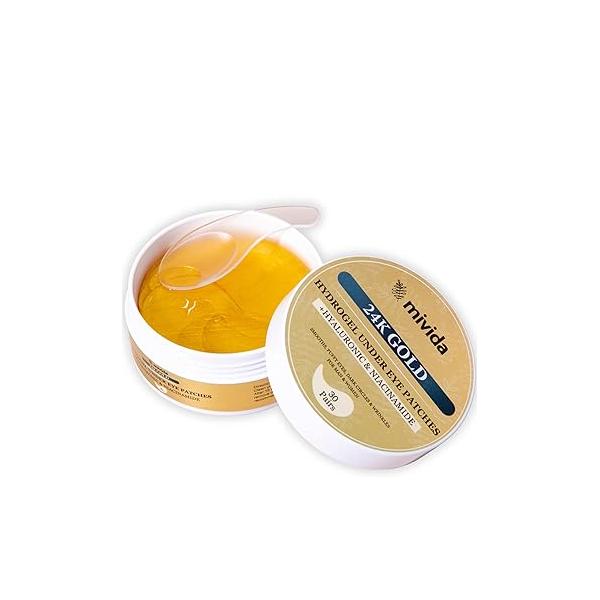 mivida Under Eye Patches 24K Gold with Hyaluronic-Acid•Niacinamide | Biodegradable 60 PCs for Puffiness, Dark Circles & Wrinkles